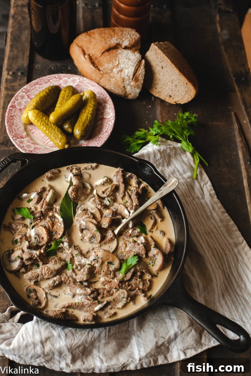 Beef Stroganoff, pickles, rye bread on a wooden table