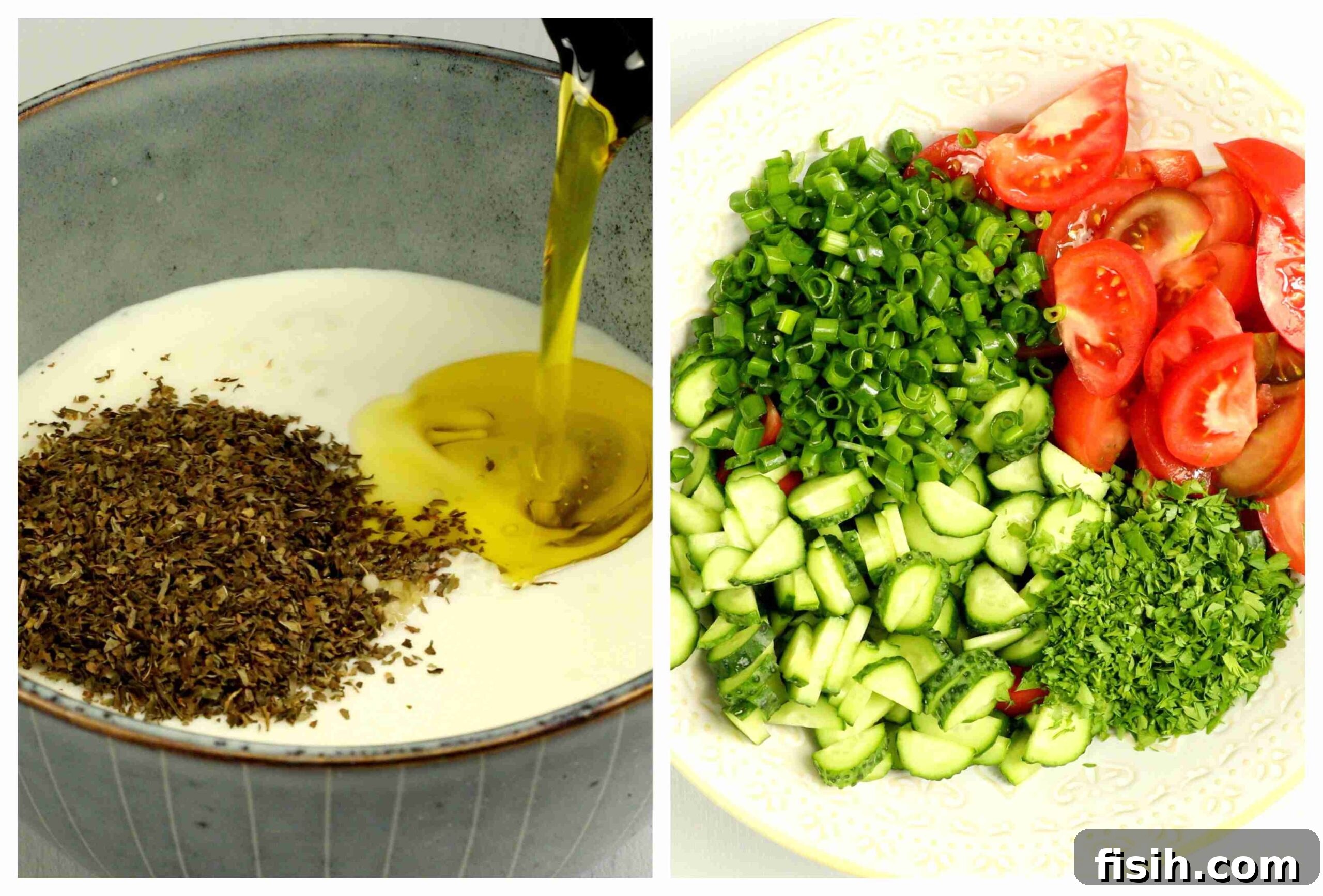 Tangy & Crisp Fattoush Salad 4 Fattoush salad cooking process images, showing fresh ingredients like tomatoes, cucumbers, and herbs being mixed together, preparing for dressing.