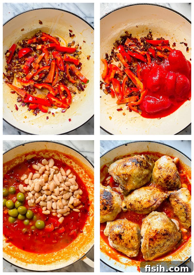 Step-by-step images showing the Spanish chicken recipe process: browning chicken, preparing sauce, and braising.