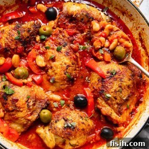 Chicken with red peppers, olives and white beans in a tomato sauce in a pan