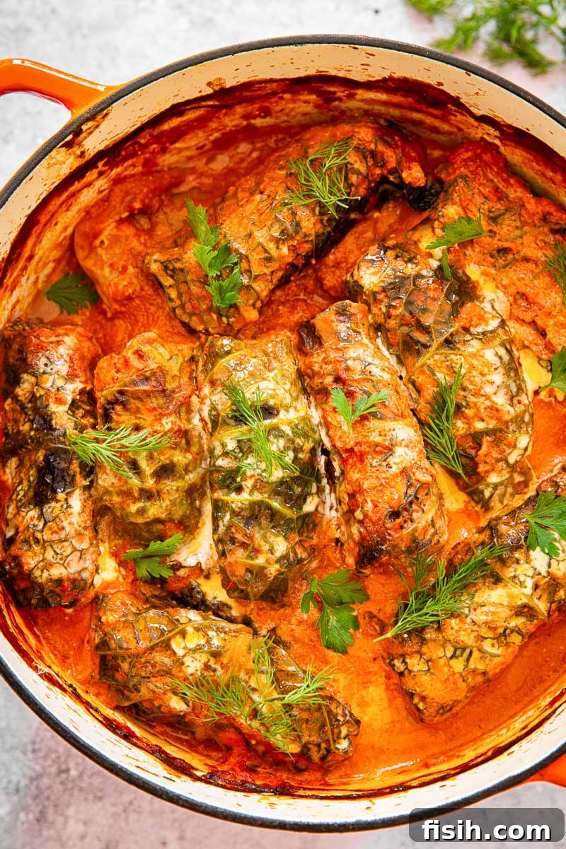 Classic Cabbage Rolls (Golubtsi) simmering in a rich creamy tomato sauce within a vibrant orange Dutch oven, ready to be served as a hearty meal.