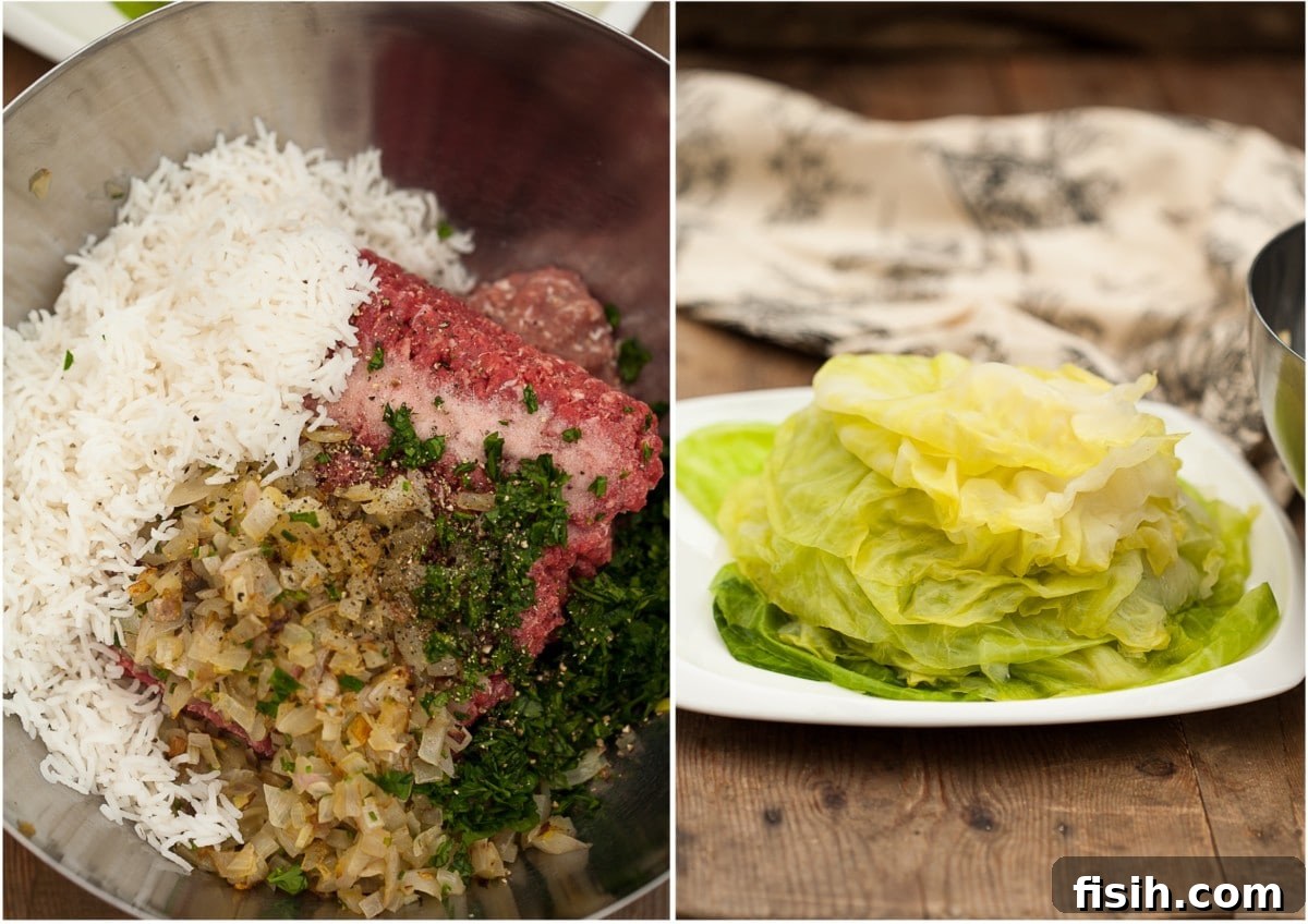 Preparing the filling and cabbage leaves for homemade Stuffed Cabbage Rolls (Golubtsi), showcasing fresh ingredients before assembly.