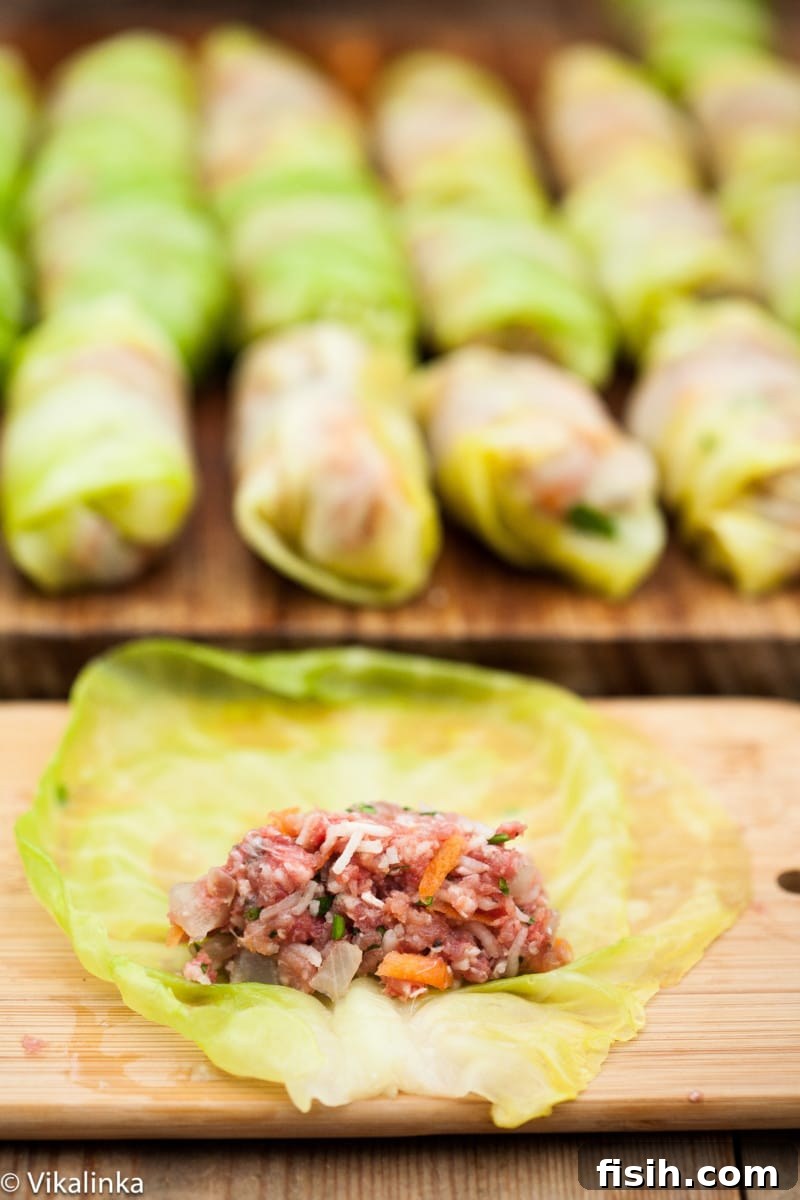 A close-up view of freshly prepared Cabbage Rolls (Golubtsi) arranged neatly in a baking dish, showcasing the meticulous rolling technique before they are baked.