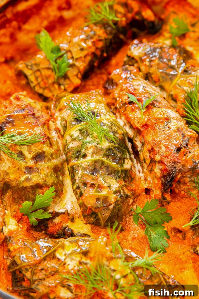 Perfectly cooked Stuffed Cabbage Rolls (Golubtsi) glistening in a rich, creamy tomato sauce, garnished with fresh herbs, and presented as a wholesome and inviting meal.