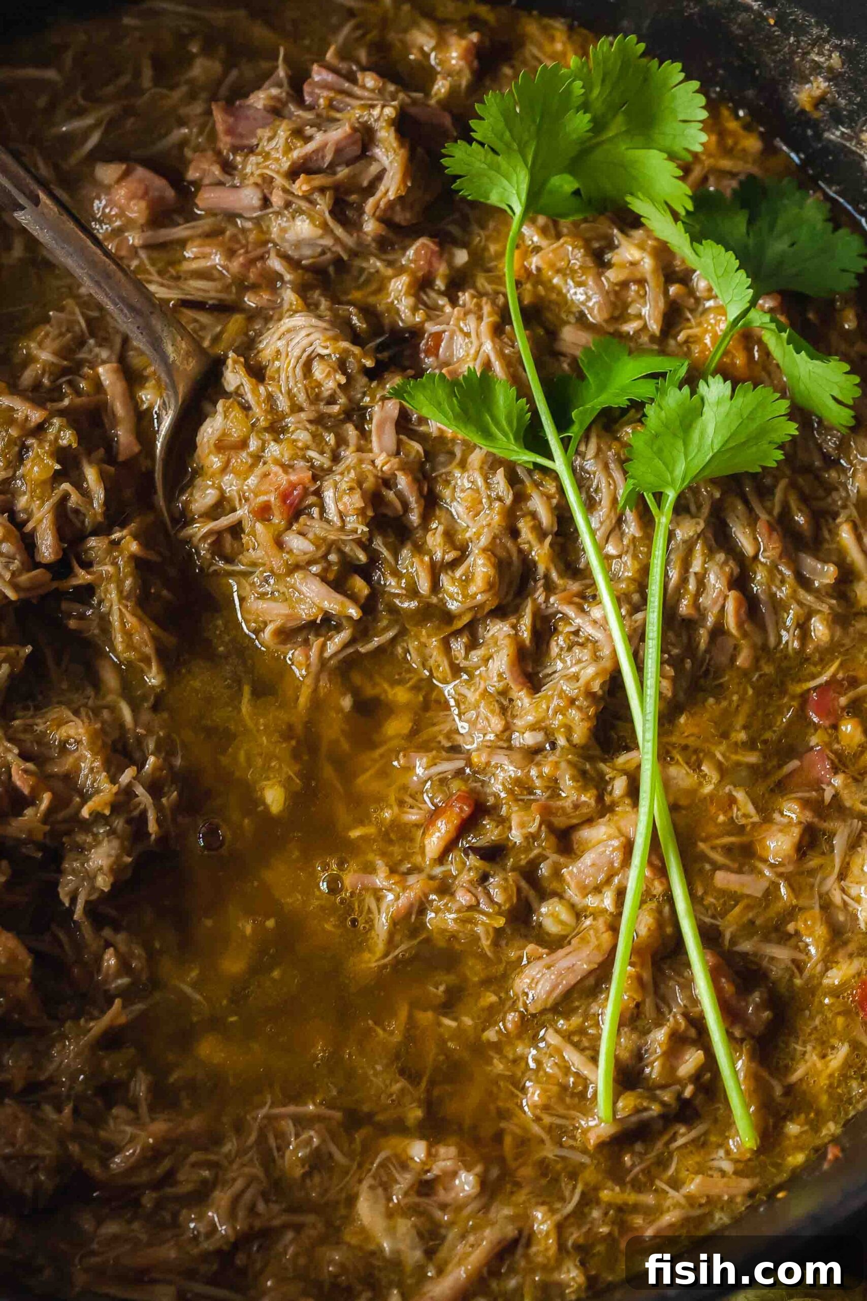 A vibrant bowl of chile verde, generously topped with fresh cilantro sprigs, showcasing its rich green color and hearty texture.