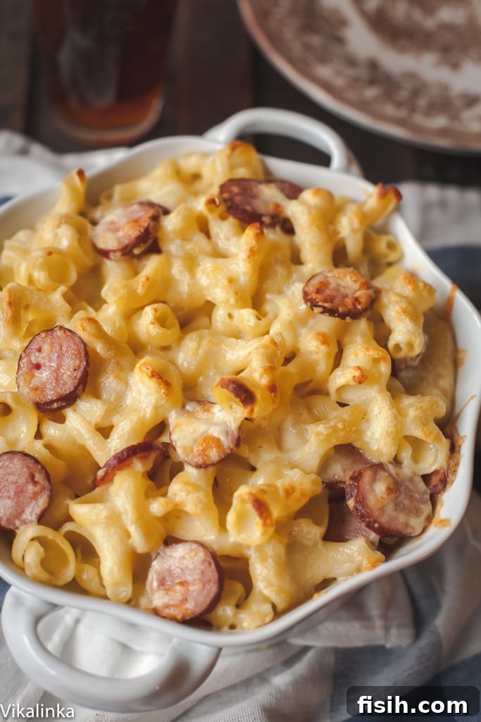 Decadent Two-Cheese Macaroni with Hearty Polish Kielbasa 2 Serving dish with baked mac and cheese