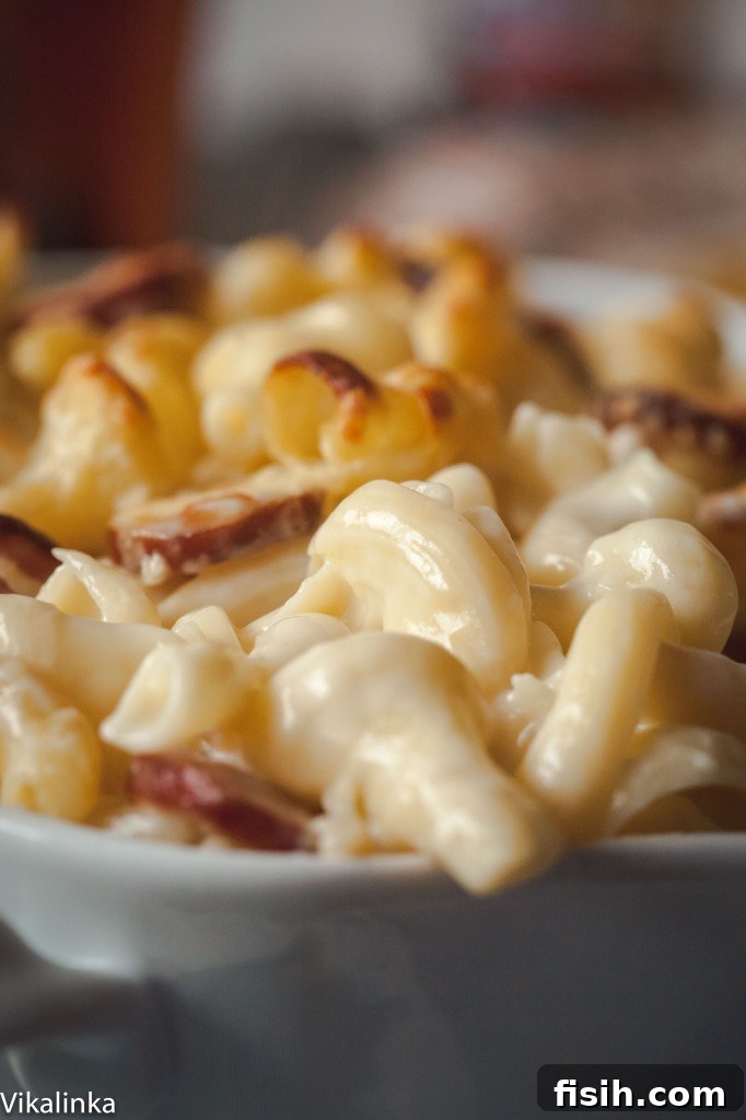 Decadent Two-Cheese Macaroni with Hearty Polish Kielbasa 4 Close up view of cheesy baked mac and cheese