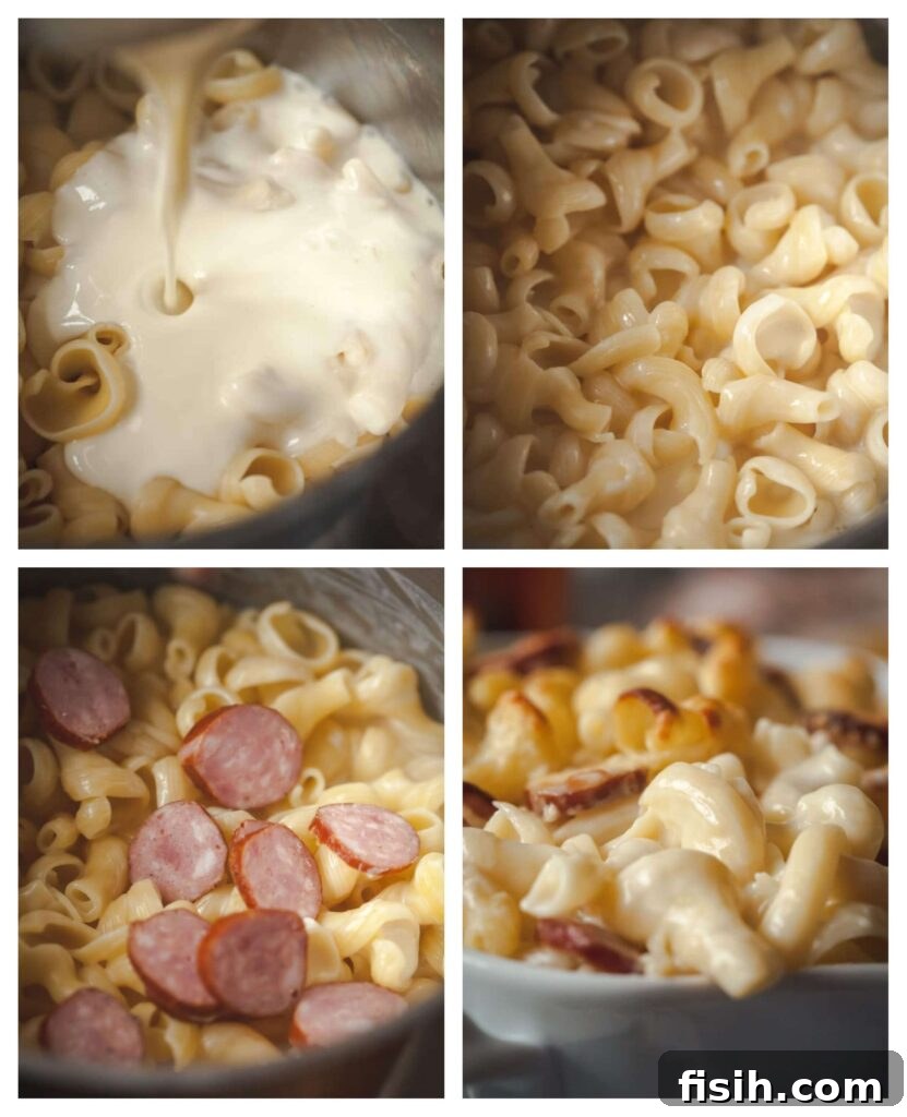 Decadent Two-Cheese Macaroni with Hearty Polish Kielbasa 5 process images showing how to make the sauce and assemble the pasta