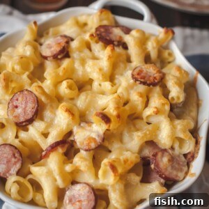 Decadent Two-Cheese Macaroni with Hearty Polish Kielbasa 6 Pot of macaroni and cheese with kielbasa