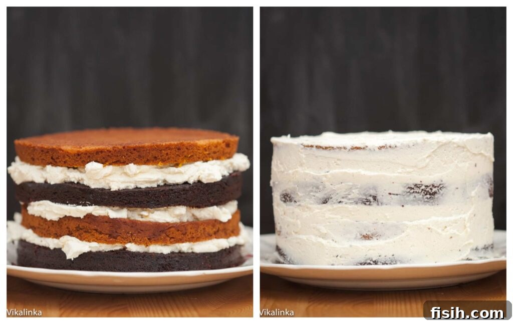 Spiced Pumpkin Chocolate Decadence with Mascarpone Creme 5 Two sequential process shots: first, showcasing the individual cake layers stacked, and second, with the initial crumb coat of frosting applied.
