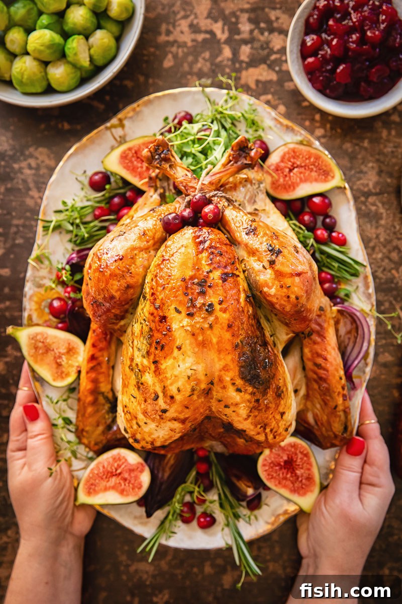 Roast turkey garnished with figs, fresh herbs, and cranberries, ready for a festive holiday meal