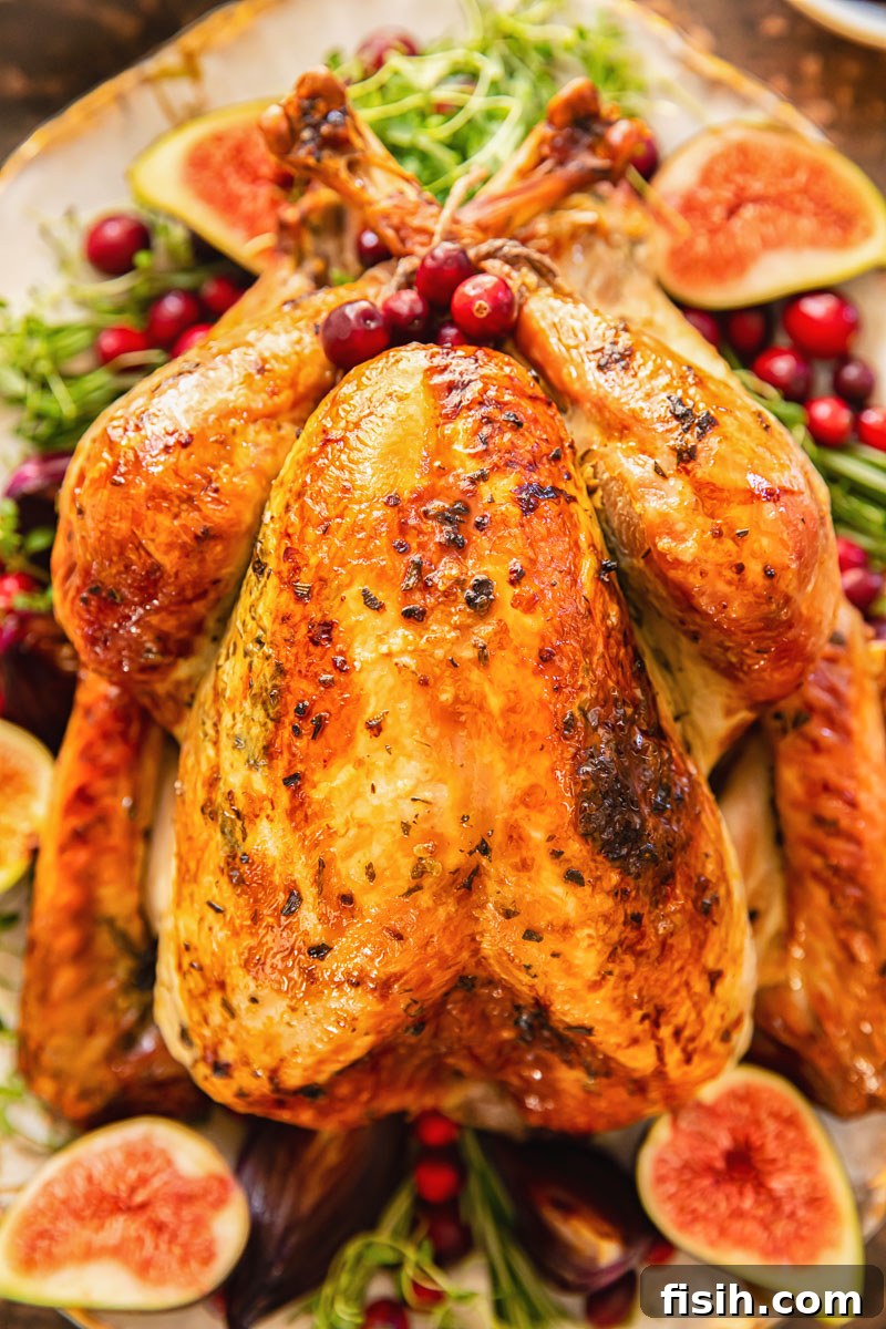 Top-down view of a perfectly roasted turkey on a platter, garnished with herbs and ready to serve