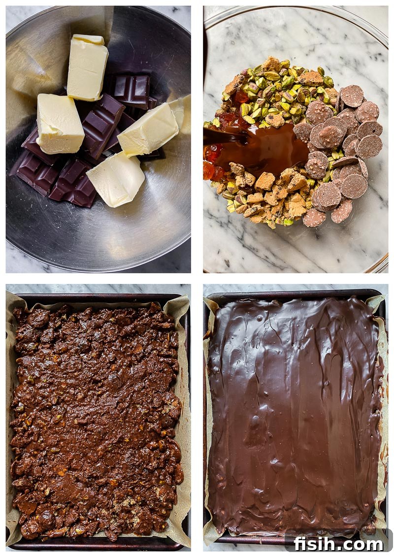 A series of process images showing the steps to create no-bake fridge cake, from mixing to chilling.