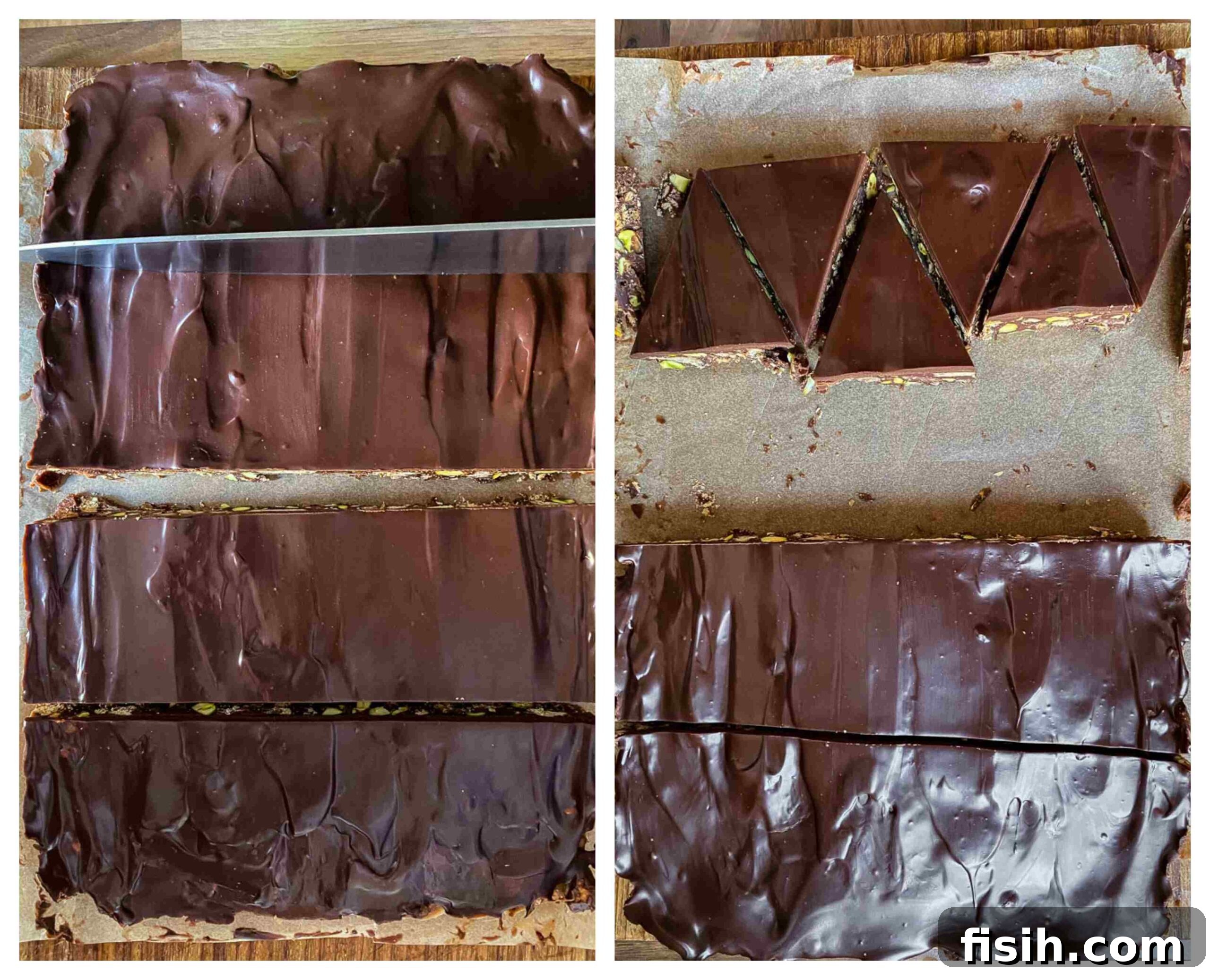 Process image showing the fridge cake being cut into individual bars before decoration.
