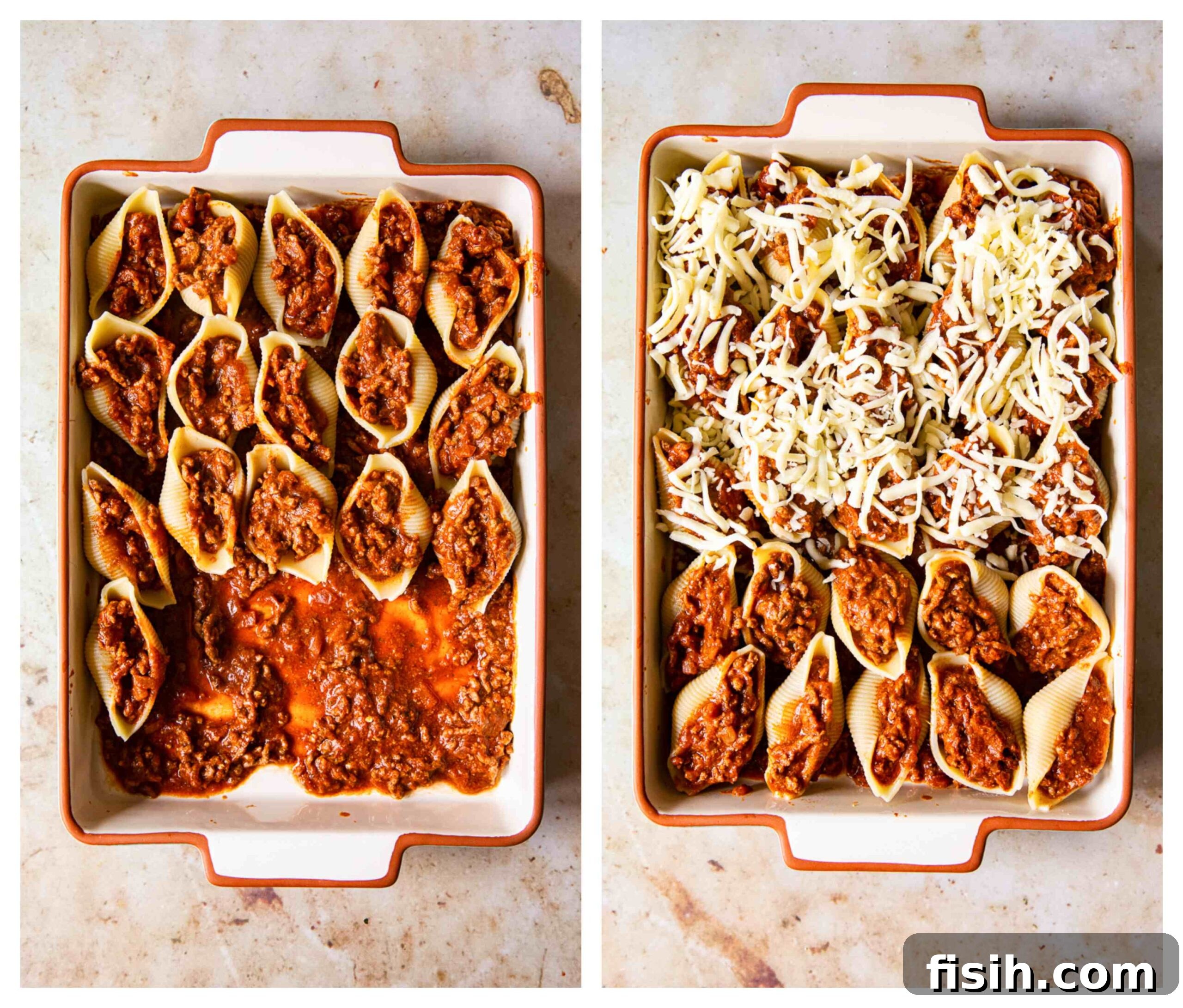 Quick Pesto Beef and Tomato Shells 4 Step-by-step images showing the process of making beef stuffed pasta shells
