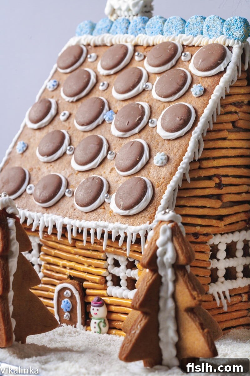 Create Your Dream Rustic Log Cabin Gingerbread House at Home 2 Gingerbread house crafted to resemble a rustic log cabin, adorned with pretzel stick logs and festive icing