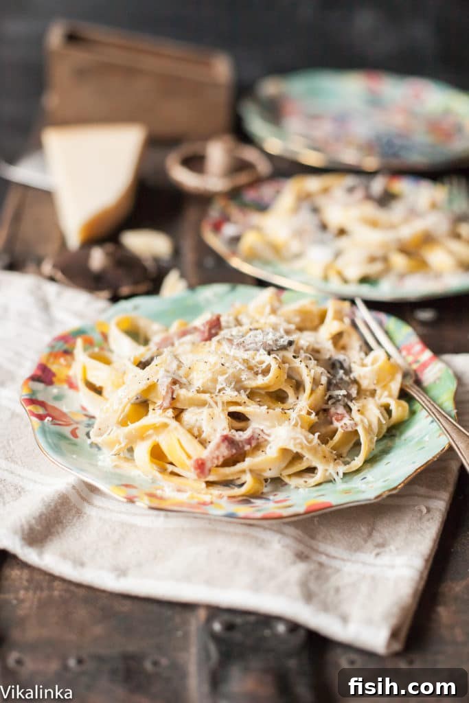 Rich Truffle Cream Tagliatelle with Crispy Bacon and Forest Mushrooms 5 This creamy pasta with bacon and portobello mushrooms is the ultimate date night treat! Quick and absolutely delicious!