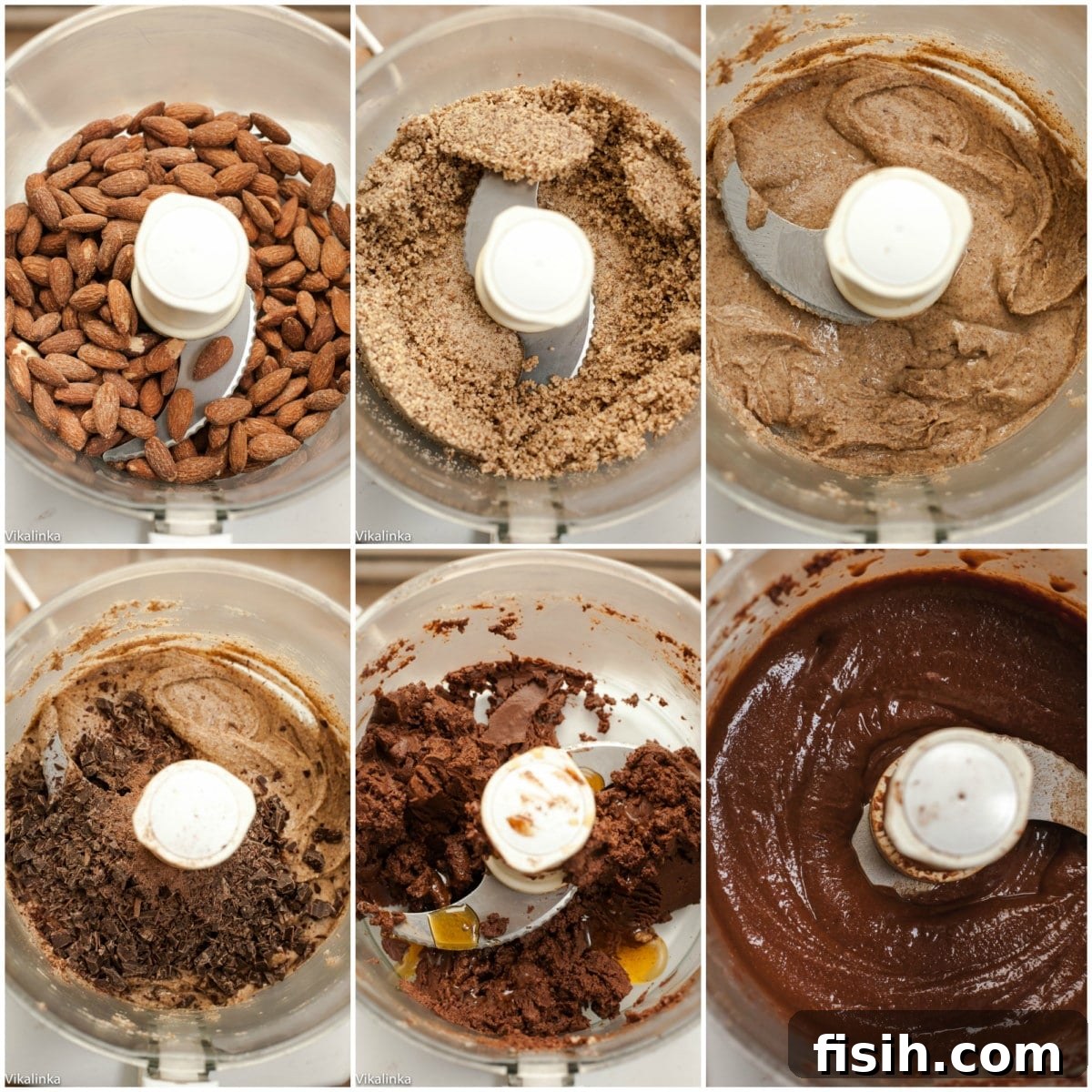 Process shots showing raw almonds, chopped dark chocolate, and other ingredients being prepared for blending into chocolate almond butter.