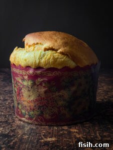 Baked Paska bread in a decorative paper mould