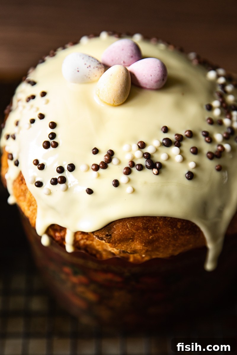 top down view of white chocolate glazed Easter bread with sprinkles