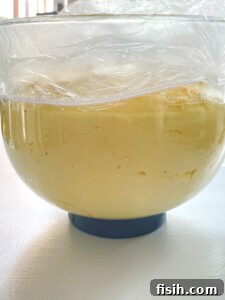 proved dough in a glass mixing bowl