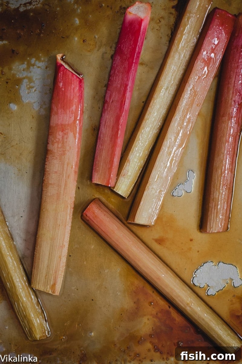 rhubarb on a roasting pan in its juices