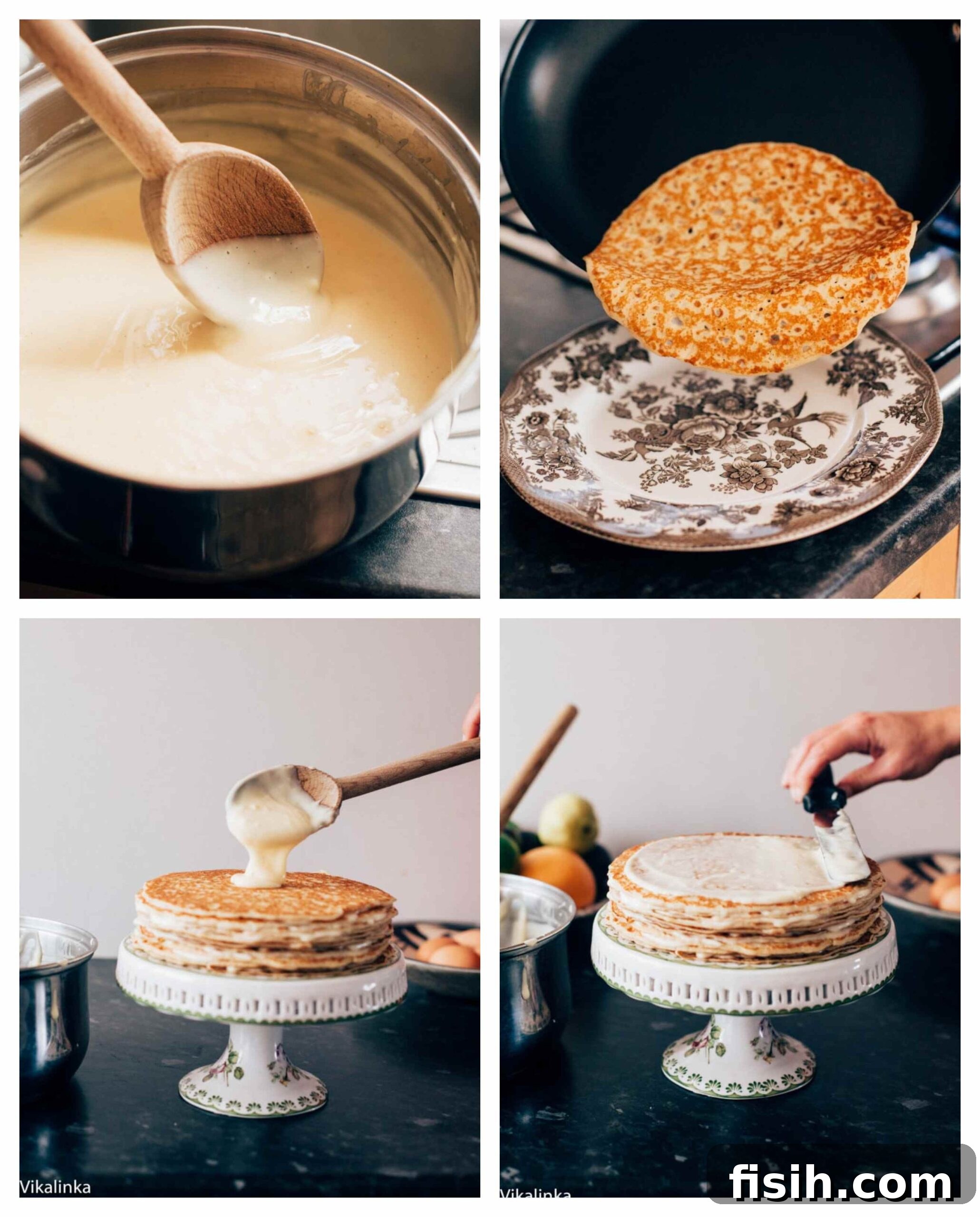Rhubarb Custard Mille Crêpe Dream 3 Step-by-step process images of making a custard crepe cake, showing batter, cooked crepes, and the layered assembly.