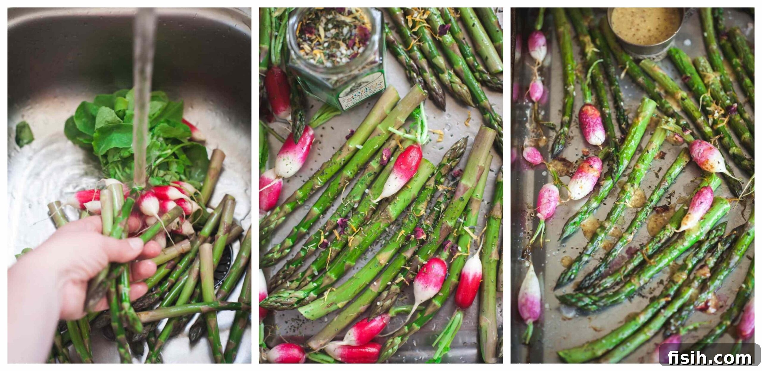 Crisp Roasted Asparagus and Radishes with Zesty Mustard Vinaigrette 5 A baking sheet showing the roasting process of asparagus and radishes, lightly coated in olive oil and seasonings.