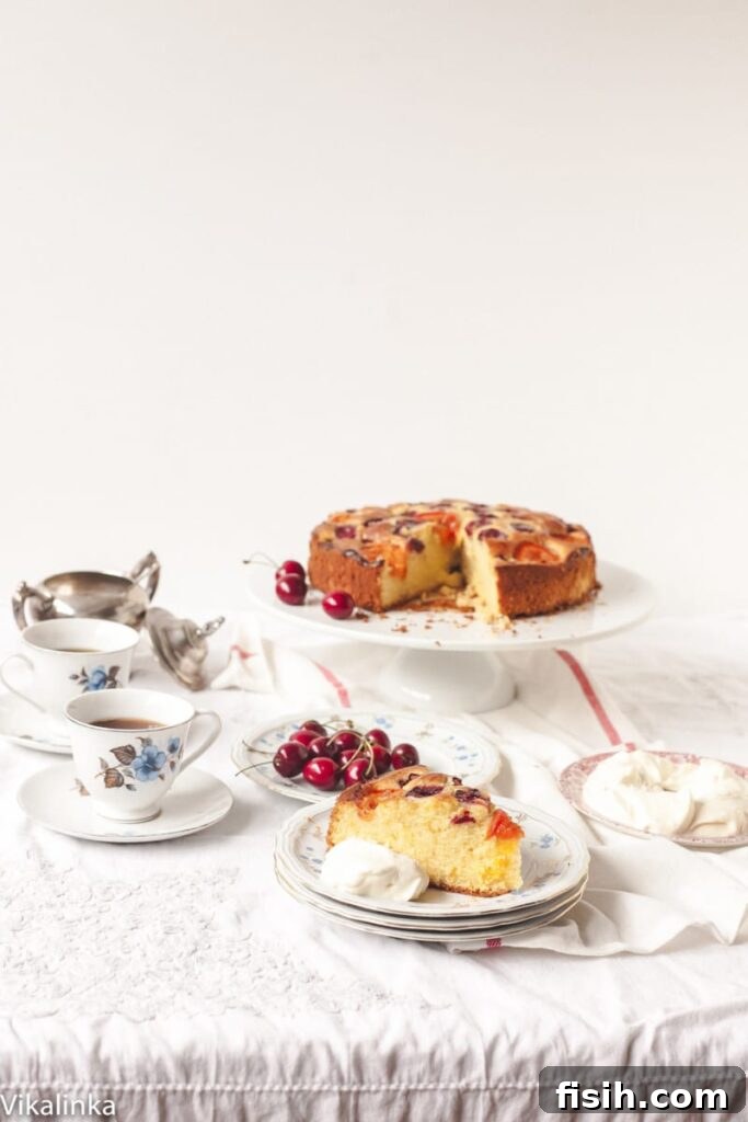 Elegant table setting featuring the cherry and apricot cake alongside a tea set