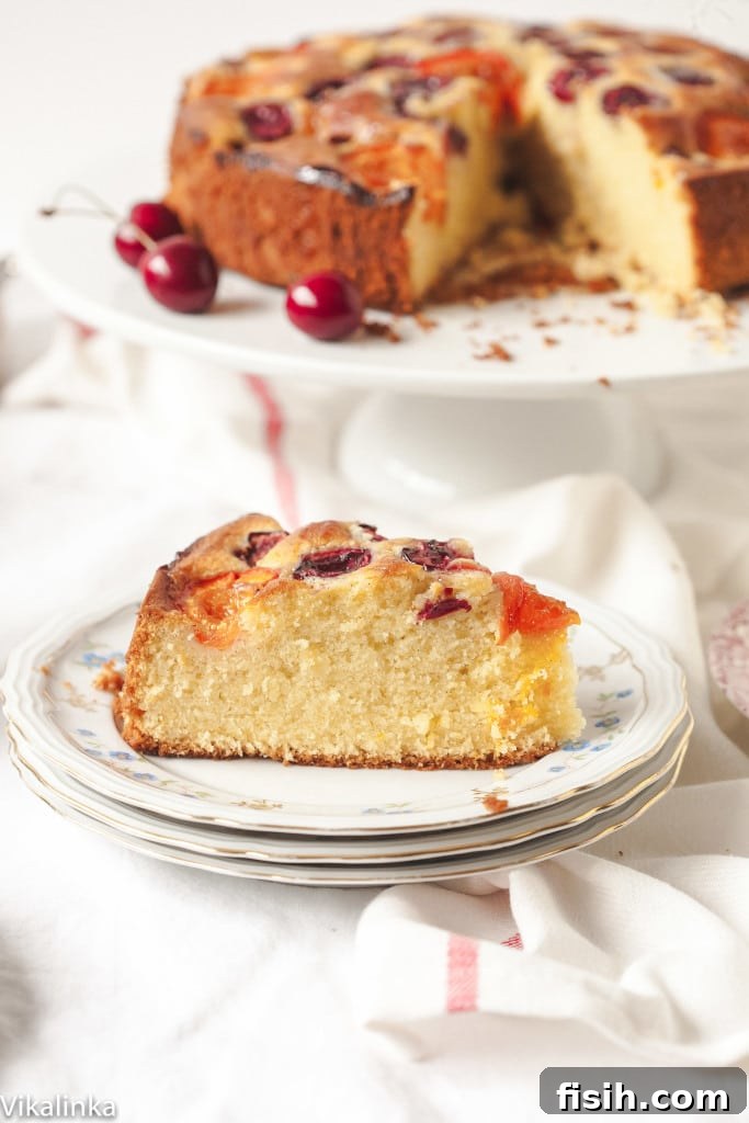 Close-up of a cut slice of cherry and apricot cake, showcasing its moist texture and fruit distribution