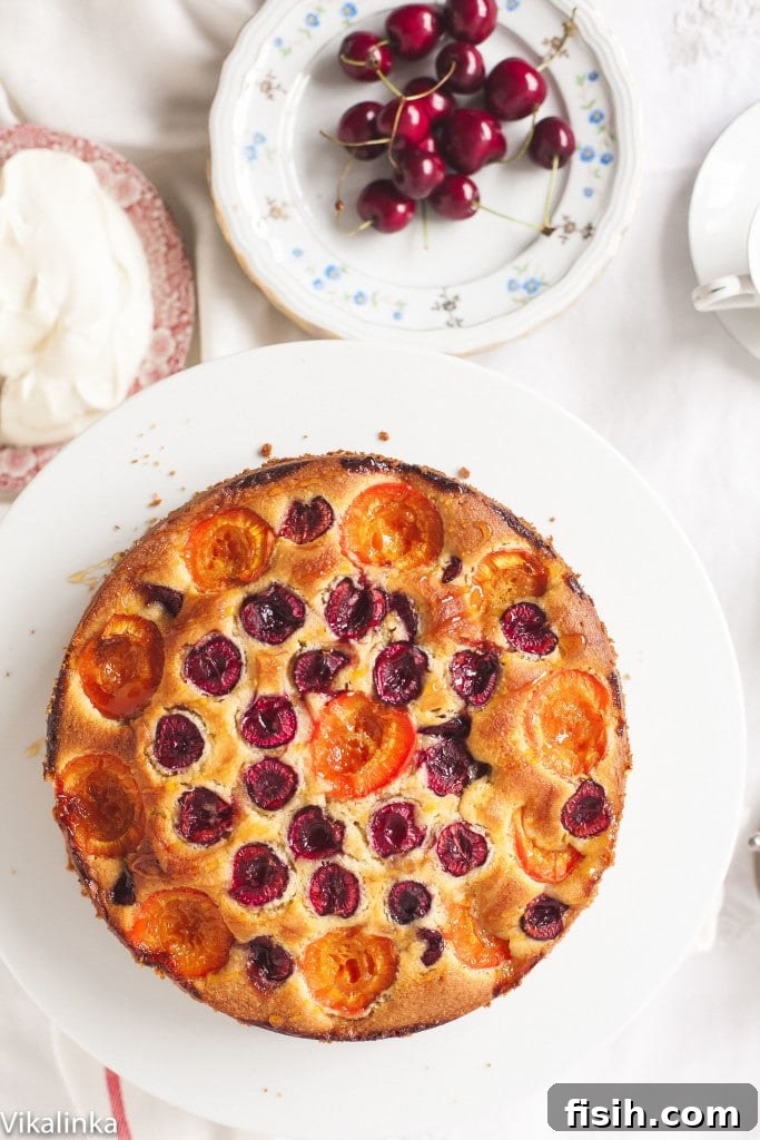 Whole cherry and apricot cake on a platter next to a small dish of fresh cherries