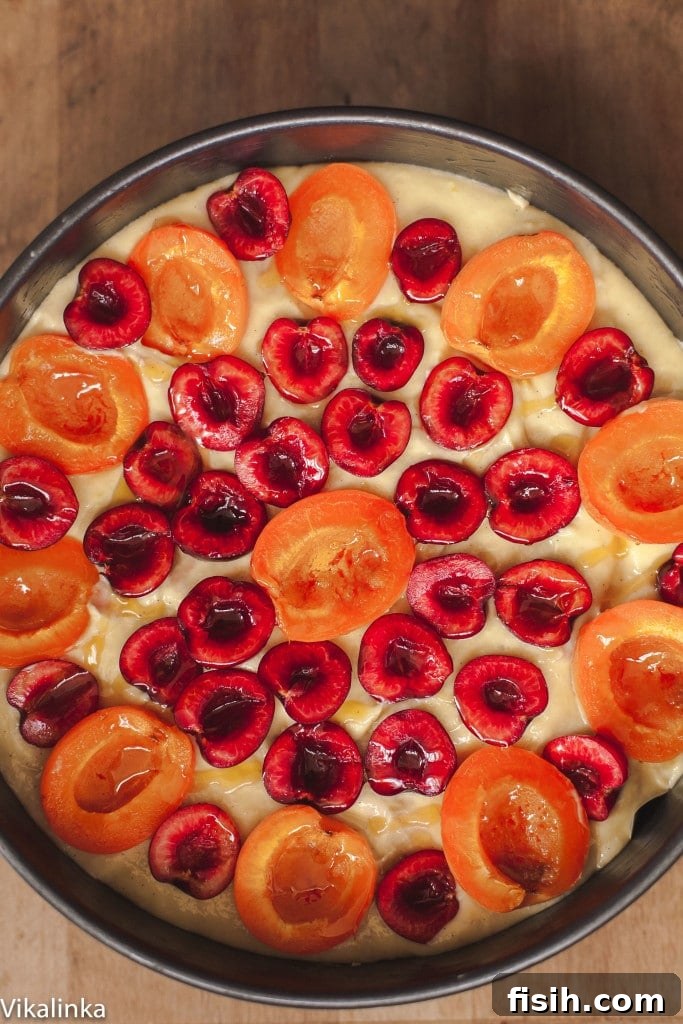 Overhead view of the unbaked cake batter topped with fresh cherries and apricots