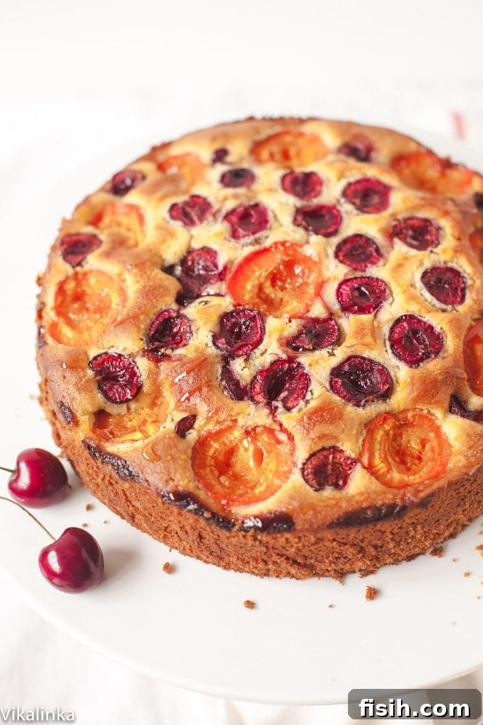 Beautifully baked cherry and apricot cake on a cake stand, garnished with two fresh cherries