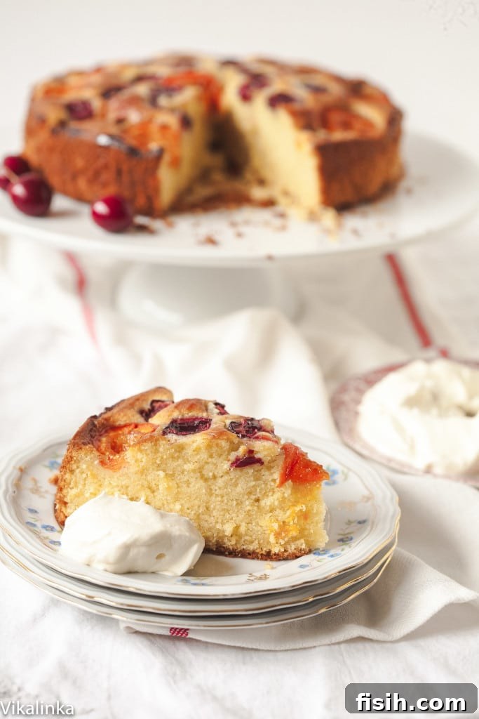 A slice of cherry and apricot cake topped with a generous dollop of amaretto cream