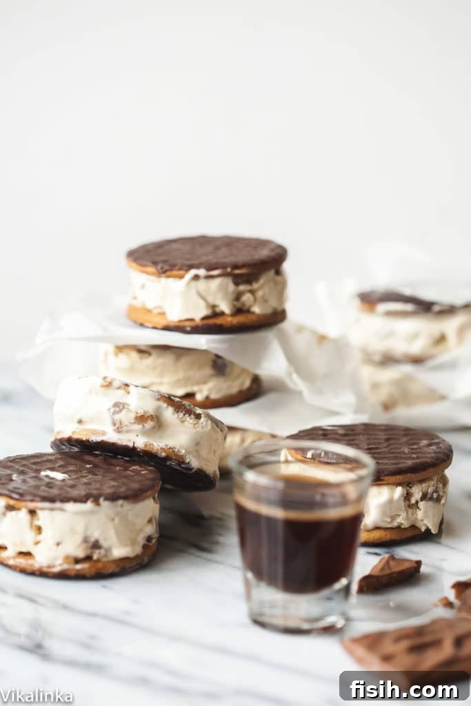 Espresso shot in front of several ice cream sandwiches