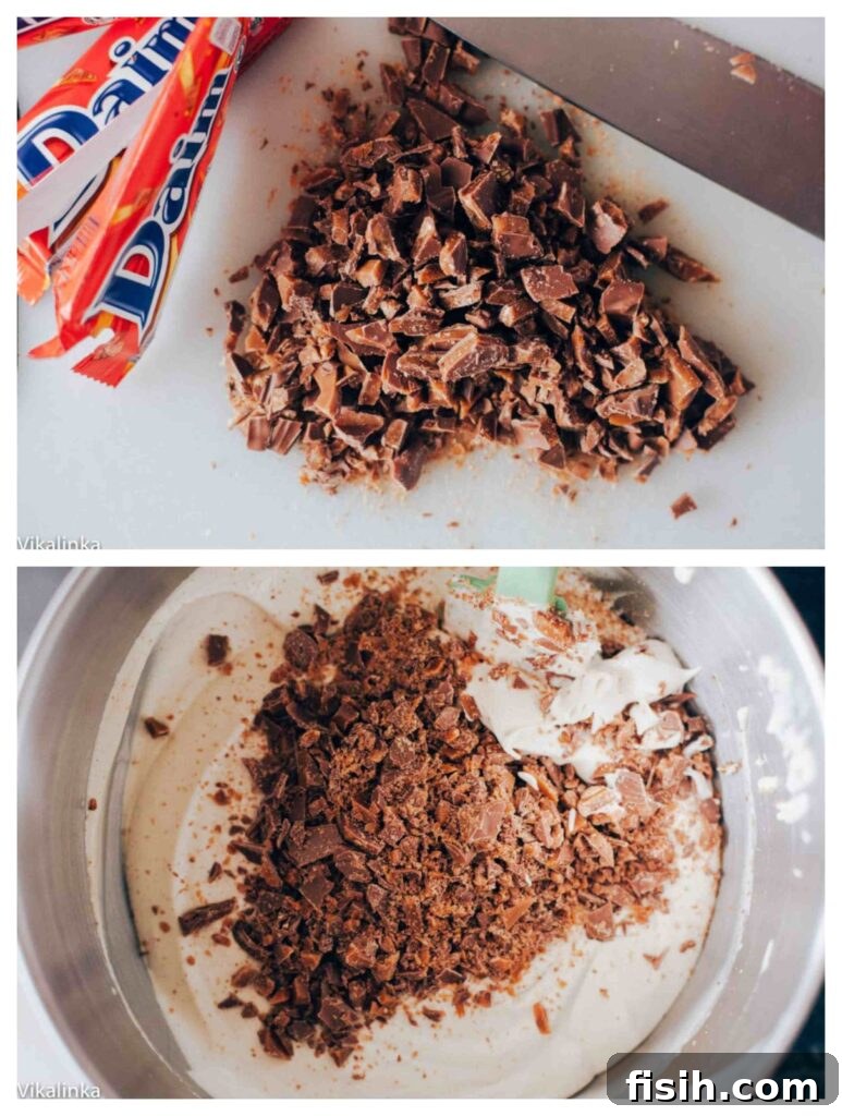 Two photos showing chopped chocolate bar and in mixing bowl to be combined with other ingredients