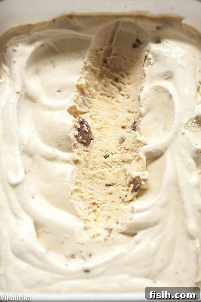 Close up of ice cream with a scoop removed