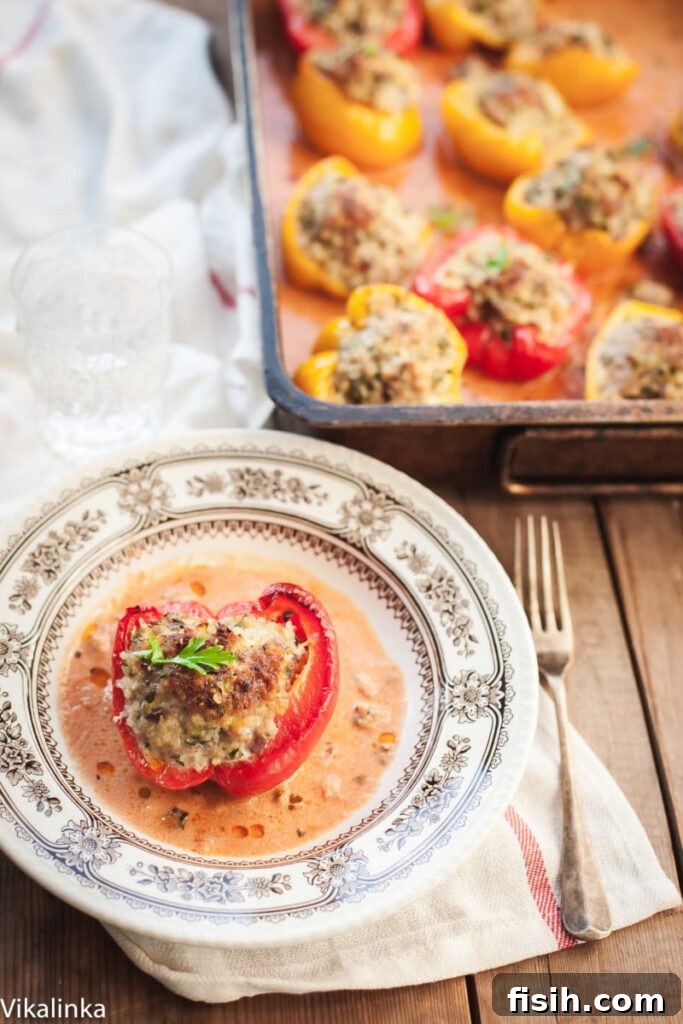 Aromatic Garden Stuffed Peppers 2 Vibrant red and yellow stuffed bell peppers baked in a rich tomato sauce, served fresh from the oven, offering a healthy and delicious meal.