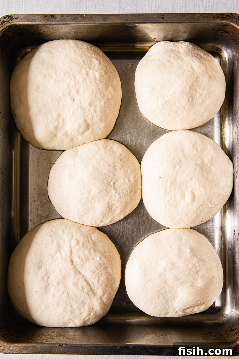 Six portions of pizza dough resting in a roasting pan, ready to be stretched for individual pizzas.