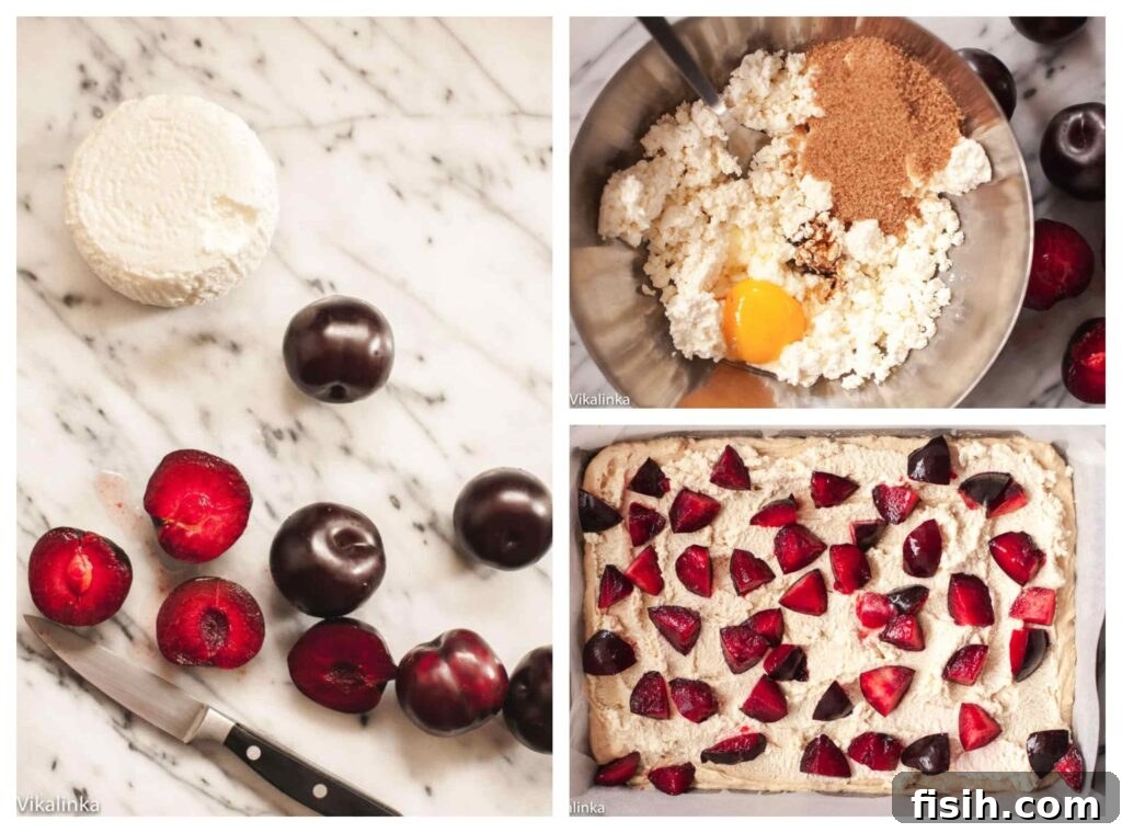 Three process shots showing plums and farmers cheese, cheese layer in a mixing bowl, and cake prior to baking