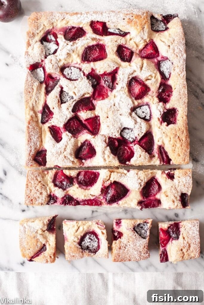 Top down view of rustic plum cheesecake with several slices cut in the end
