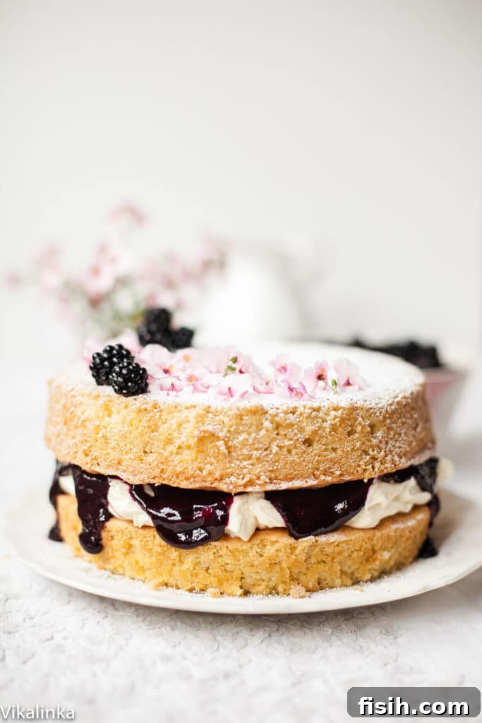 A beautifully sliced Victoria Sponge Cake revealing its layers of cream and blackberry compote