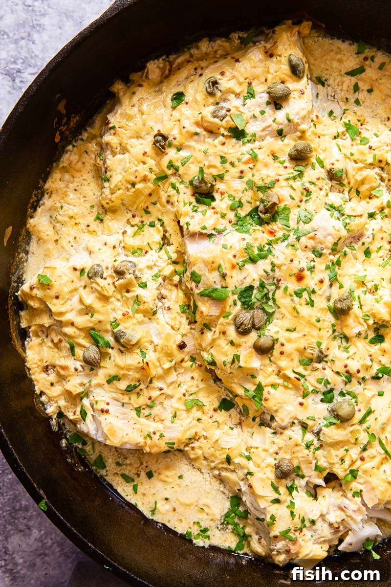 baked cod with mustard sauce, garnished with fresh herbs, in a cast iron skillet