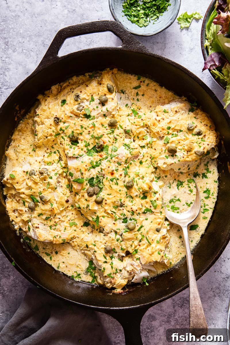 beautifully baked fish in a creamy mustard sauce inside a black skillet, ready to serve