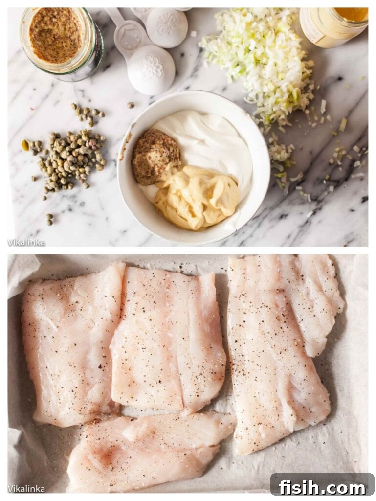 two process shots showing the preparation of the creamy mustard sauce and the sauce being spooned over raw cod fillets