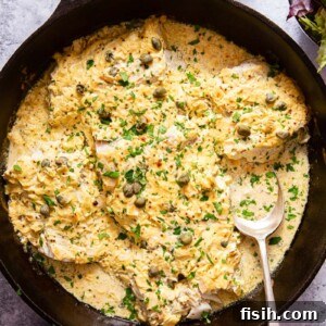 baked fish in cream sauce in black skillet