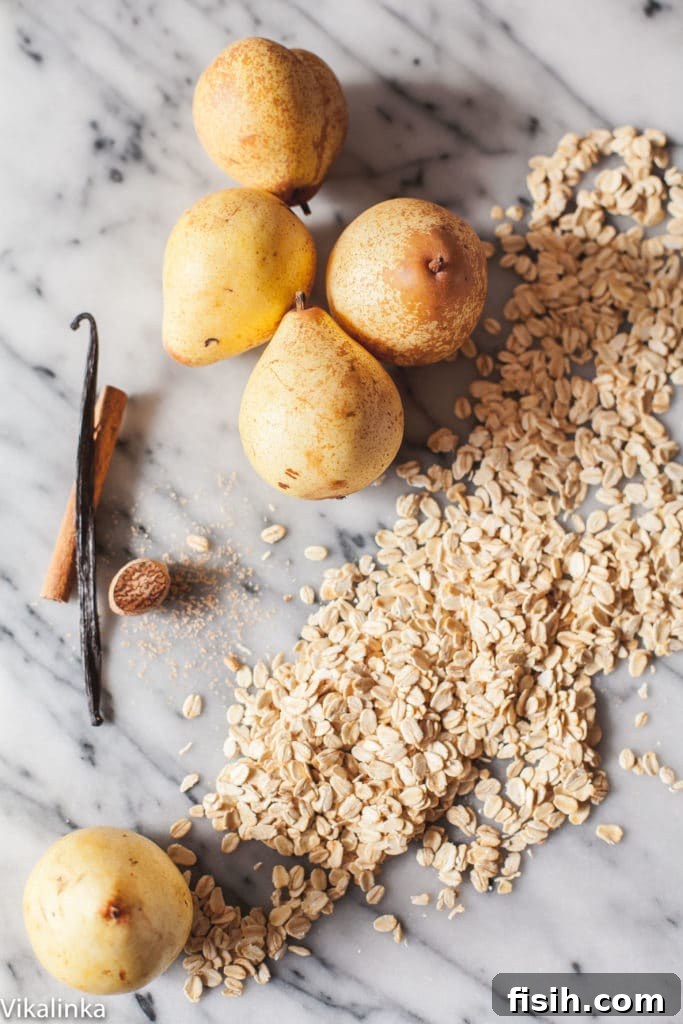 Close-up of Spiced Pear Baked Oatmeal with a beautiful golden crust