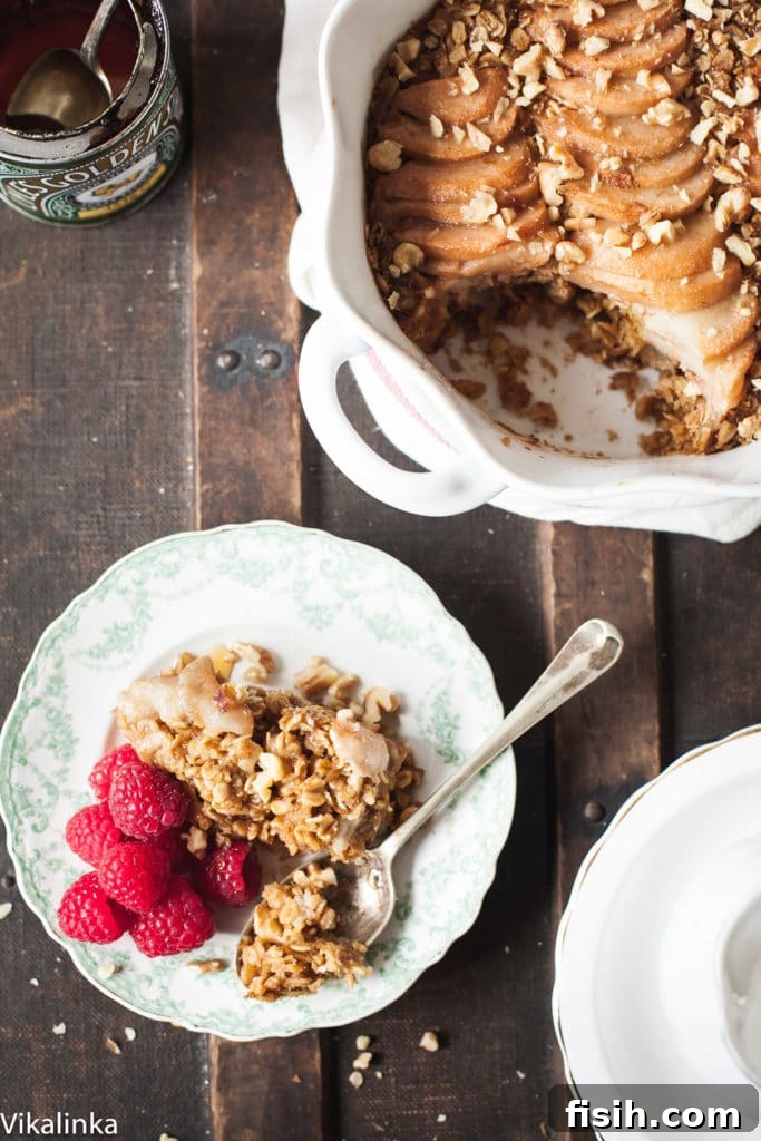Overhead shot of Spiced Pear Baked Oatmeal, ready to serve