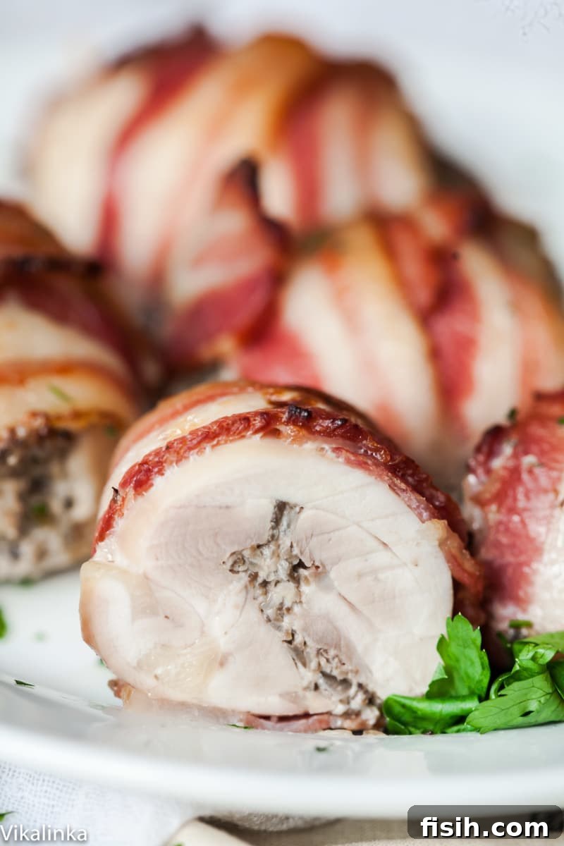 Gourmet Bacon Wrapped Chicken Thighs with Mushroom and Goat Cheese Filling 6 Cross-section of a cooked bacon-wrapped chicken thigh, revealing the mushroom and goat cheese stuffing