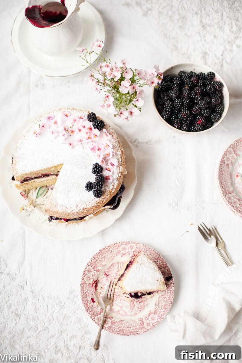 Irresistible Bites: Food Photography Intensive 8 Classic Victoria Sponge Cake with Blackberry compote.